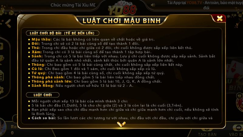 Bảng tóm tắt Luật chơi mậu binh